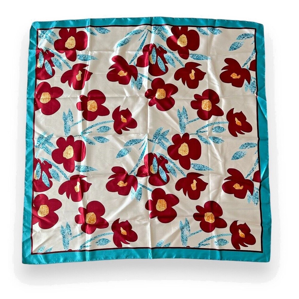Blue Edges & Red Floral Square Scarf 35” X 35” White Headscarf Scarve Fashion